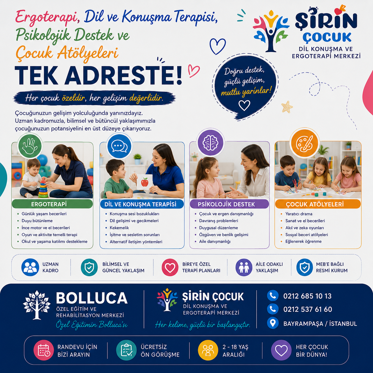 Ergoterapi, Dil ve Konuşma Terapisi, Psikolojik Destek ve Çocuk Atölyeleri Tek Adreste